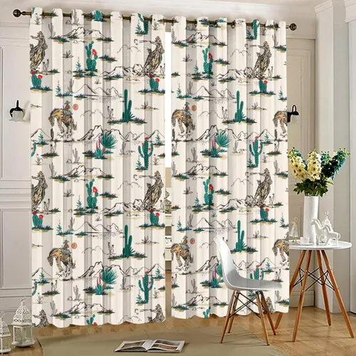 Vista 5 de Cortinas opacas retro de vaquero occidental para dormitorio, estilo rústico, cactus, salvaje oeste, vaquero, paseo, caballo, con ojales, aislamiento