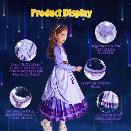 Vista 2 de Brigcalki Wish Asha - Disfraz de princesa para niñas, juego de rol para Halloween, Navidad, fiesta de cumpleaños