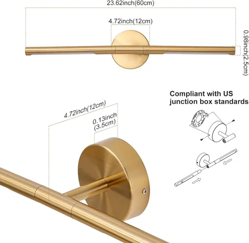 Vista 6 de Lámparas doradas para baño sobre espejo de 24 pulgadas, 18W 360° Giratorias Regulables 4000K Lámpara de Tocador LED de Latón, Luces de Tocador