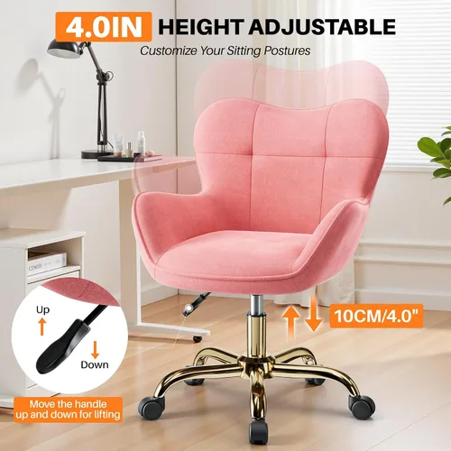 Vista 6 de Silla de tocador con ruedas, bonitas sillas de escritorio de altura ajustable para dormitorio, silla de maquillaje moderna con respaldo (rosa)