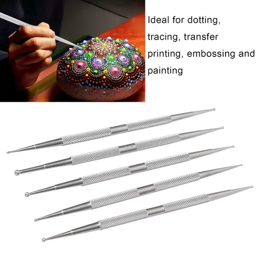 Vista 8 de Juego de 5 bolígrafos punteados para arte de uñas de doble extremo, herramientas de pintura de puntos de acero inoxidable de 2 vías para manicura