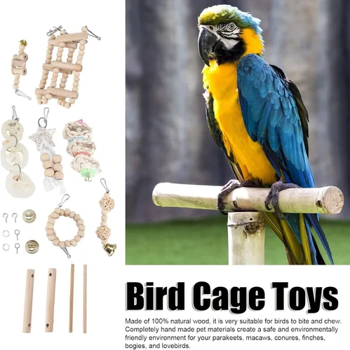 Vista 4 de 8 Pcs Toys Set for Active Birds Chewing and Climbing Fun Natural Wood for Parakeets Conures Macaws and Lovebirds