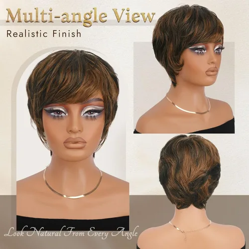 Vista 2 de RUWISS Peluca de cabello humano con corte Pixie, pelucas cortas para mujeres negras con flequillo, peluca natural en capas, sin pegamento, # 1B/30