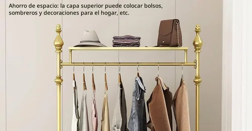 Vista 5 de Perchero de ropa dorado, perchero industrial para colgar ropa con estantes dobles independiente, multifuncional, resistente, perchero de metal móvil