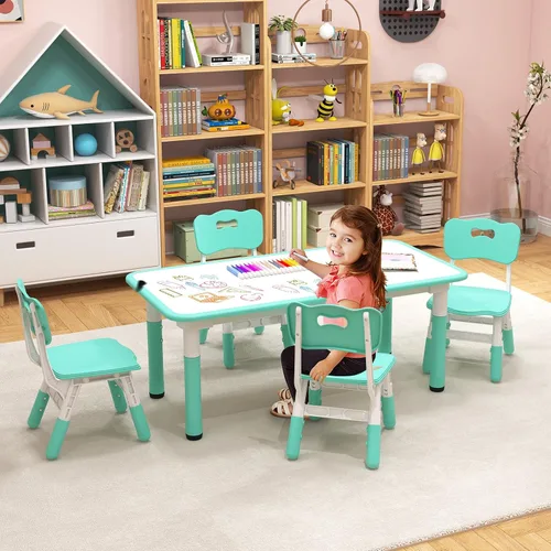 Vista 2 de Costzon Juego de mesa y 4 sillas para niños, escritorio y sillas para niños pequeños de altura ajustable con escritorio de graffiti, patas Verde