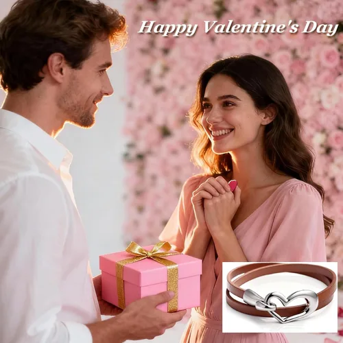 Vista 4 de Long tiantian Heart Leather Bracelets for Women Boho Western Jewelry for Women Cowboy Vintage Jewelry PinkRed Wrap Cuff Bracelets Valentines Day