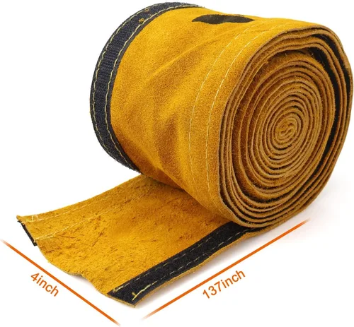 Vista 2 de TIG - Funda para cable de soldadura para antorcha de soldadura, paquete de 2 fundas amarillas de cuero resistente al fuego de 137 x 4 pulgadas