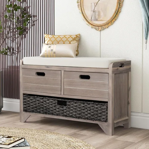 Vista 21 de SOFTSEA Banco de Almacenamiento Tapizado, Otomana de Almacenamiento con Cesta Removible y 2 Cajones, Banco de Zapatos de Estilo Granja con Cojín