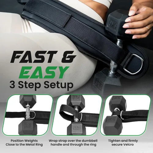 Vista 5 de Heavy Duty Hip Thrust Belt for Dumbells, Kettlebells, and Plates - Glute Workout at Home, Gym, and Travel - Dip and Pullup Belt (Chain Included)
