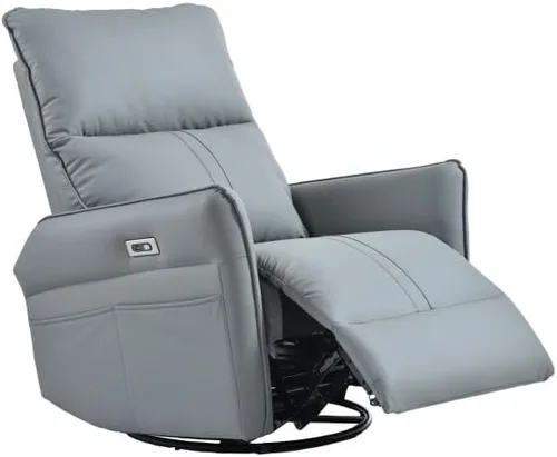 Vista 9 de Silla reclinable eléctrica giratoria mecedora eléctrica con carga USB, piel sintética para sala de estar y dormitorio (gris claro)