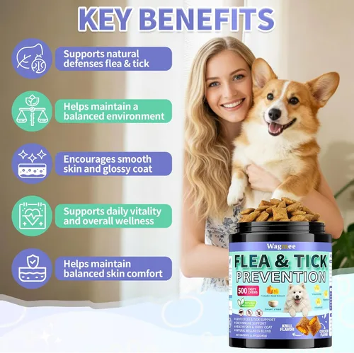 Vista 6 de Prevención de pulgas y garrapatas para perros, 500 masticables crujientes y sabrosos, sabor a pollo