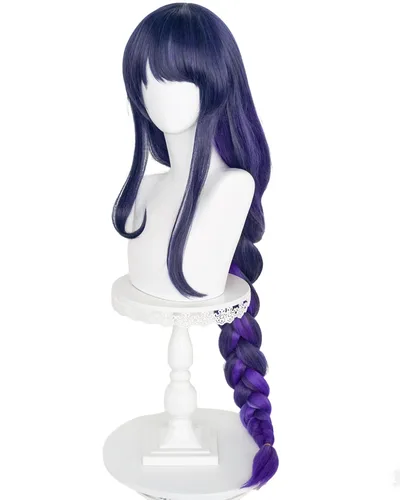 Vista 7 de Half and Half Raiden Shogun - Peluca larga para cosplay, color morado oscuro, degradado, pelucas trenzadas de anime con flequillo, cabello sintético