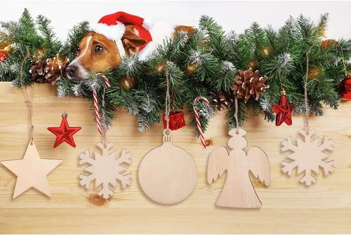 Vista 6 de Blulu 60 Pieces Christmas Wooden Ornaments 3.5" Round Wood Slices Snowflake Angel Shape with Cords for DIY Crafts New Year Christmas Tree Pendant