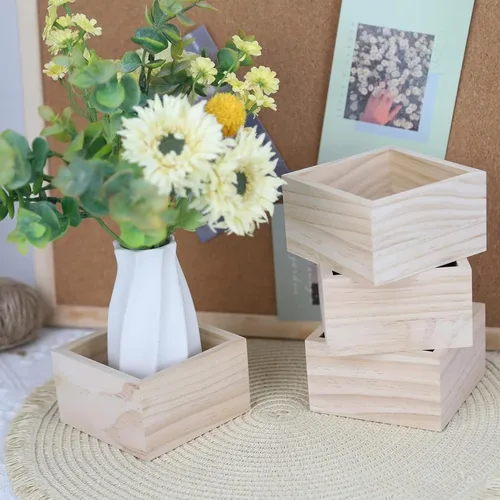 Vista 6 de Anktily 4 Pack Cajas Organizadoras de Almacenamiento de Madera para Manualidades Sin Acabar, Caja de Madera Cuadrada Pequeña de 3 x 3 x 1.6