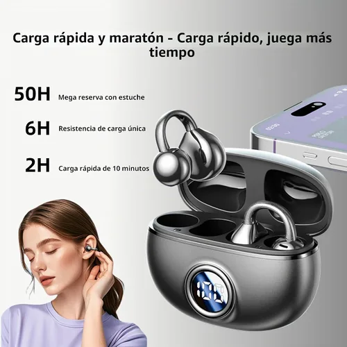 Vista 6 de M97 - Auriculares Inalámbricos con Clip Bluetooth 6.0, Auriculares de Oreja Abierta con Batería de 50H con Carga Rápida de 10 Min, Gancho