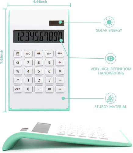 Vista 3 de Green Calculator, 10 Digits Solar Battery Basic, Dual Powered Desktop Calculator, Tilted LCD Display, Inclined Design Slim