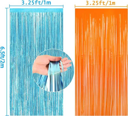 Vista 2 de Paquete de 2 cortinas de flecos metálicos de aluminio azul y naranja para decoraciones de fiesta, cortina de fondo azul y naranja para fiesta