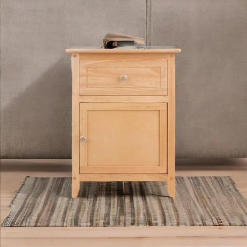 Vista 3 de Ergode Mesa decorativa Eugene de madera, diseño versátil y atemporal, acabado lacado transparente, cajón extraíble y compartimento inferior, fácil