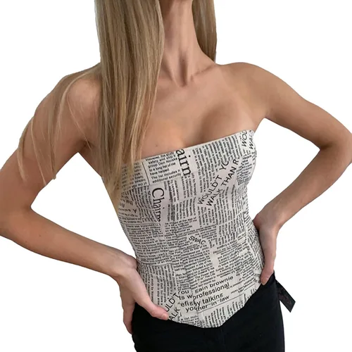 Vista 5 de Chaleco de verano ajustado para mujer estampado de letras de periódico informal transpirable camiseta corta