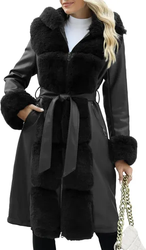 Vista 12 de Bellivera Women's Faux Leather Jacket Furry Trim Parka Coat Negro