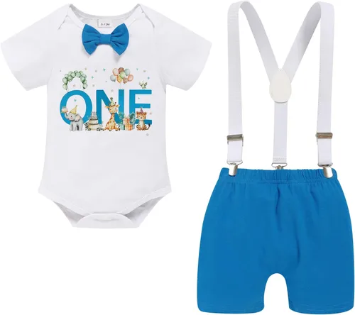 Vista 14 de GRNSHTS Ropa Divertida de Primer Cumpleaños para Bebé Niño Mameluco con Pajarita Body Conjuntos para Sesión de Fotos con Pastel marrón (Cow Brown)