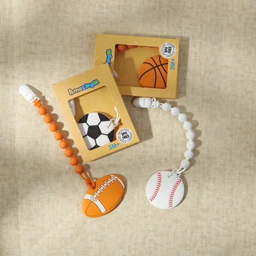 Vista 6 de Pelota deportiva de silicona de grado alimenticio para bebés con soporte para chupete, juguetes para aliviar el dolor de dentición, juego de regalo