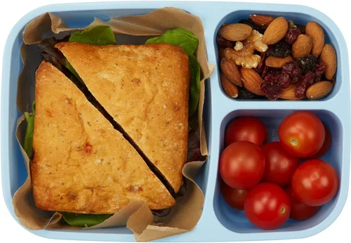 Vista 3 de Contenedor de almacenamiento de alimentos, lonchera Bento, con 3 compartimientos herméticos, Azul