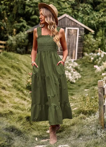 Vista 3 de Vaiaye Vestido largo de verano para mujer, estilo casual, bohemio, sin mangas, tirantes delgados, fruncido, largo, fluido, escalonado, para el sol
