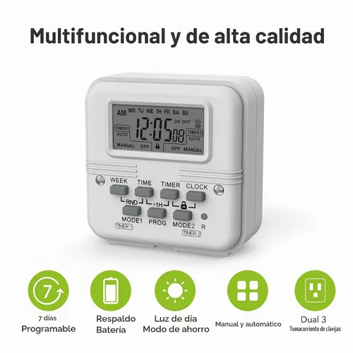 Vista 7 de BN-LINK Temporizador de luz digital para interiores, enchufe programable de 7 días con 2 salidas independientes de 3 clavijas, para lámparas