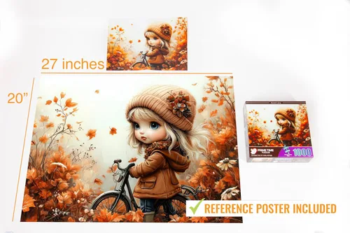 Vista 5 de Rompecabezas de 1000 piezas para adultos, linda chica con bicicleta en coloridas hojas y flores de otoño, rompecabezas desafiante perfecto
