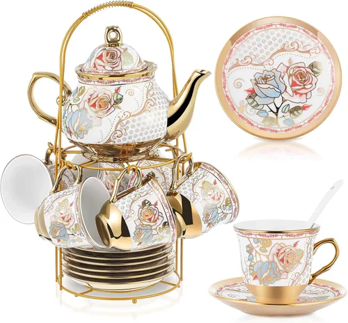 Vista 17 de Zhehao Juego de té de porcelana de 20 piezas con soporte de metal y cuchara para adultos, juego de té de cerámica para adultos, pintura de flores