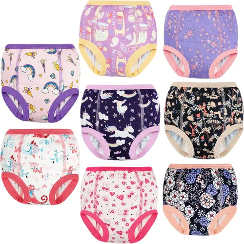 Vista 9 de MooMoo Baby Paquete de 8 pares de ropa interior de entrenamiento para ir al baño de algodón absorbente para niños y niñas, tallas 2T a 9T Flor