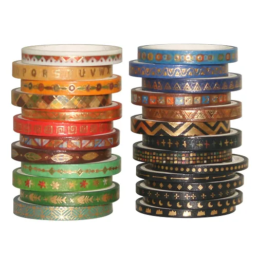 Vista 7 de YUBBAEX Juego de 26 rollos de cinta washi india, 0.197 in de ancho, tótem folclórico dorado fino decorativo para diario, álbum de recortes, agenda