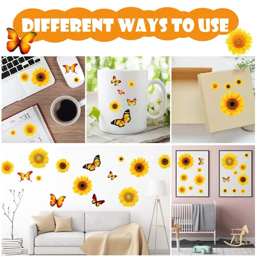 Vista 2 de Tenare 116 calcomanías de pared de girasol, calcomanías de mariposa 3D, autoadhesivas, girasol, flores amarillas, mariposa, impermeable, decoración