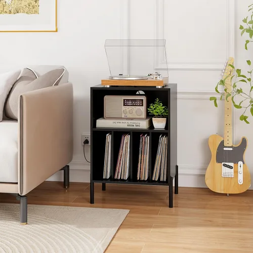 Vista 2 de Giantex Soporte para tocadiscos con estación de carga, soporte para tocadiscos con armario de almacenamiento, estante para tocadiscos con patas