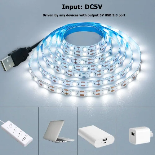 Vista 2 de Tira de luz LED USB blanca fría 6000K 5V alimentada por USB, 13.12 pies/4M, 240 LED, flexible, SMD2835, de alto brillo, sin impermeabilidad, IP20