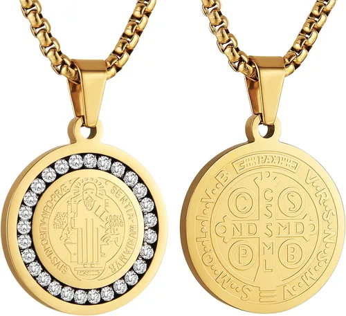 Vista 3 de HZMAN Collar de exorcismo de San Benito de acero inoxidable con circonita dorada y plata católica colgante de cruz para hombres y mujeres regalo