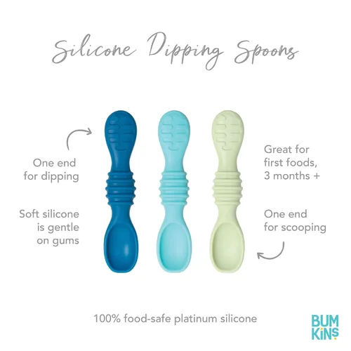 Vista 7 de Bumkins Juego de utensilios para bebé, cucharas de entrenamiento de silicona para sumergir, punta suave, autoalimentación, masticar, destete LED