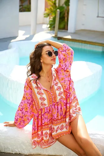 Vista 6 de Blusa bohemia con cuello en V y mangas 34 para mujer, ajuste relajado, blusa con estampado casual