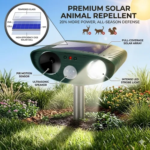 Vista 4 de Repelente ultrasónico de ciervos Squirrel Racoon Fortress Pro Repelente ultrasónico de gatos para exteriores, repelente solar de animales