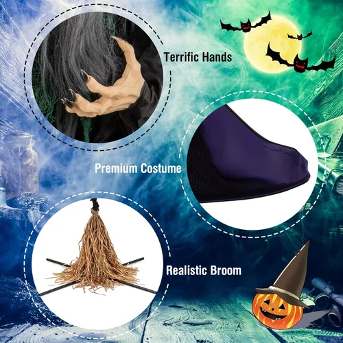 Vista 7 de Tangkula Bruja voladora de Halloween de 7 pies en decoración de escoba