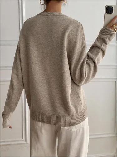 Vista 3 de SOLY HUX Suéteres Pullover para Mujer de Manga Larga con Botones Cuello Redondo 2 en 1 Tops de Punto Holgados Albaricoque puro