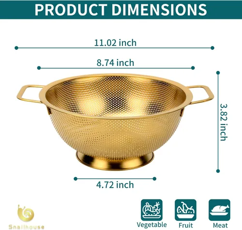 Vista 6 de Snailhouse Colador de acero inoxidable de 3 cuartos de galón para pasta, arroz, alimentos, colador metálico con asas y base autodrenante