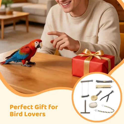 Vista 6 de 8 perchas para pájaros, soporte de madera de manzana natural con cuerda elástica de 22.4 pulgadas, juguetes para masticar pájaros y accesorios
