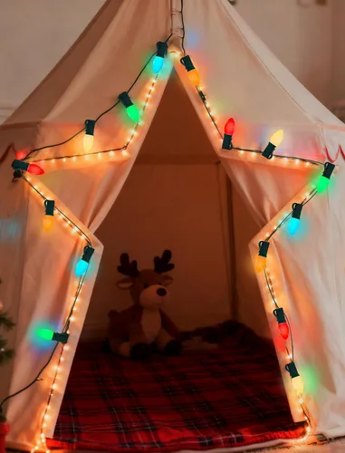 Vista 6 de Tira de luces LED de Navidad para exteriores, de 50 pies, cadena de luces C7 con 27 bombillas multicolor de cerámica de 0.6 W, luces de Navidad