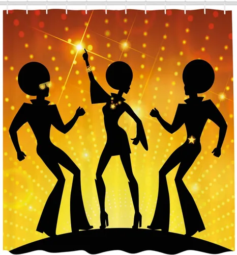 Vista 2 de Ambesonne Cortina de ducha para fiesta de los años 70, bailando en discoteca con fondo bokeh estilo afro, juego de decoración de baño de tela