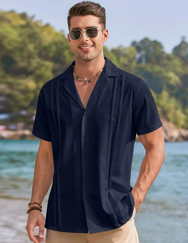 Vista 7 de COOFANDYMen'sCubanGuayaberaShirtsShortSleeveButtonDownShirtsSummerBeachShirts
