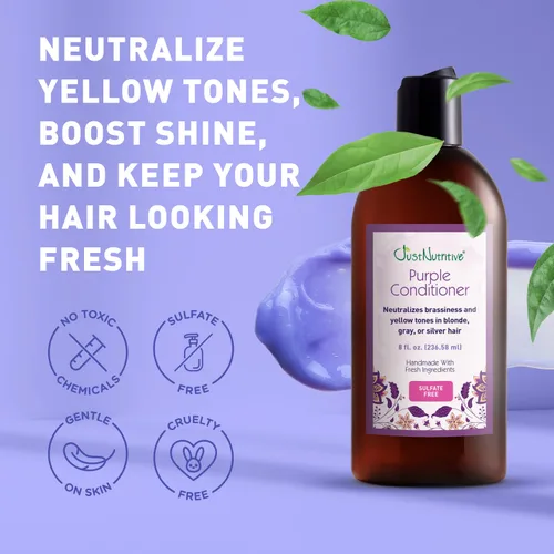 Vista 5 de Just Nutritive Acondicionador morado para cabello rubio, gris, blanco, plateado y decolorado, elimina el cobrizo, aumenta el brillo, repara