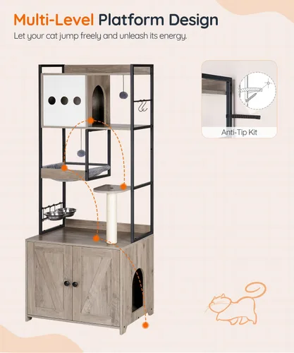 Vista 9 de HOOBRO Árbol para gatos con caja de arena, torre para gatos de 58.7 pulgadas de alto con muebles de caja de arena oculta, con poste rascador