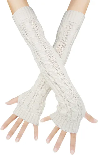 Vista 13 de Bellady Guantes de invierno para mujer, cálidos sobre el codo, guantes largos sin dedos con agujero para el pulgar, guantes de punto para calentar